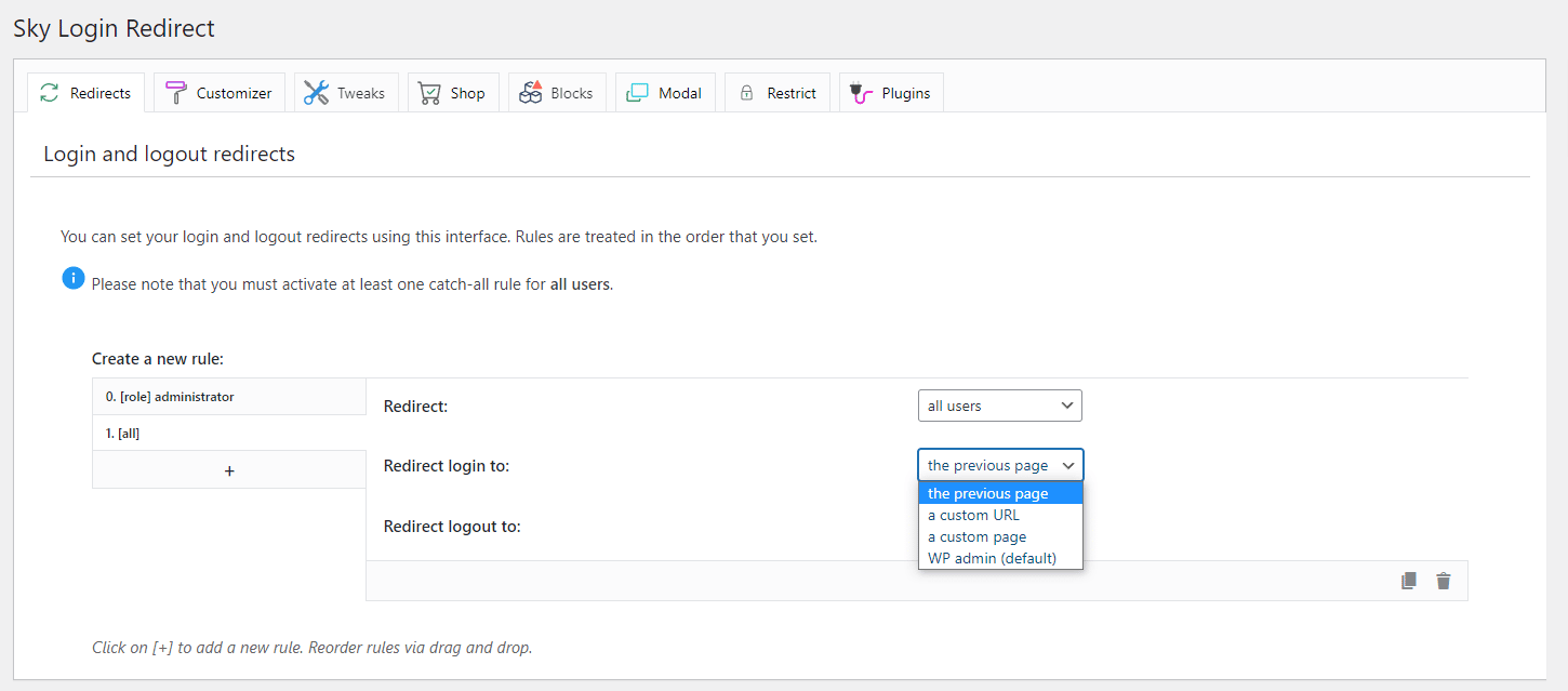 Setting up redirect logins and logouts in the Sky Login Redirect plugin