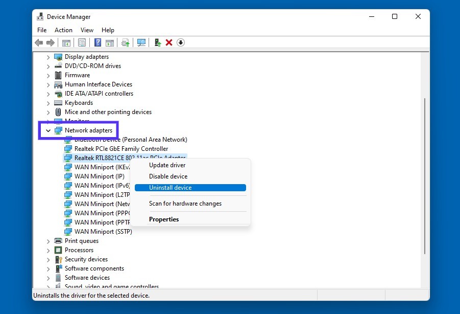 Desinstalar un dispositivo adaptador de red en Windows