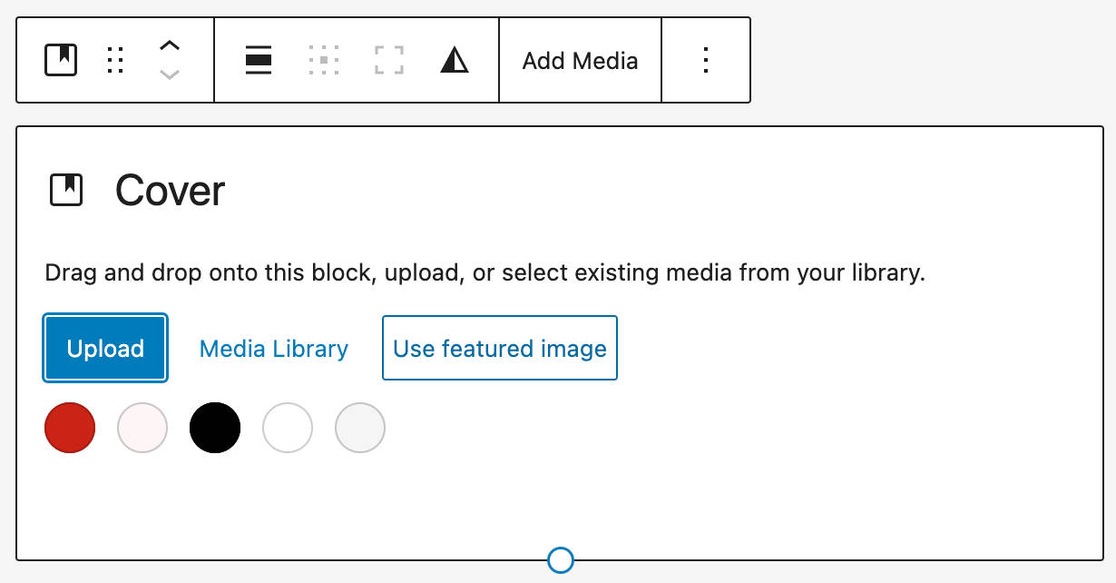 An image showing the ability to use a Featured Image in the Cover block placeholder