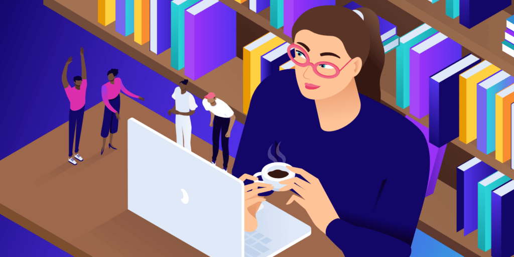 Illustration of an individual with a laptop.