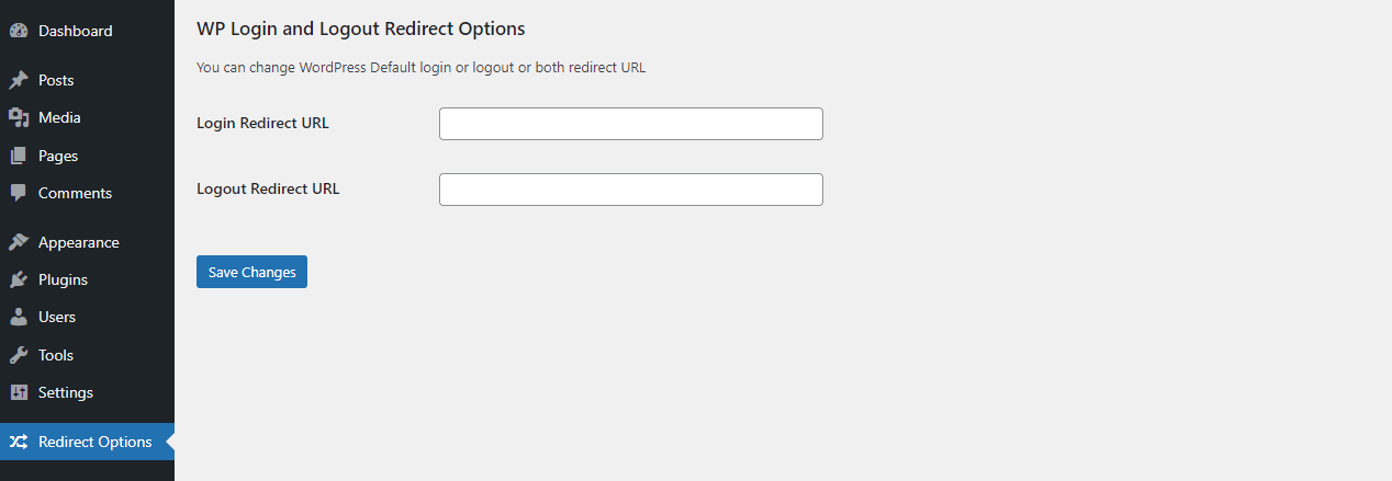 Omdirigeringsalternativ i pluginet WP Login and Logout Redirect.