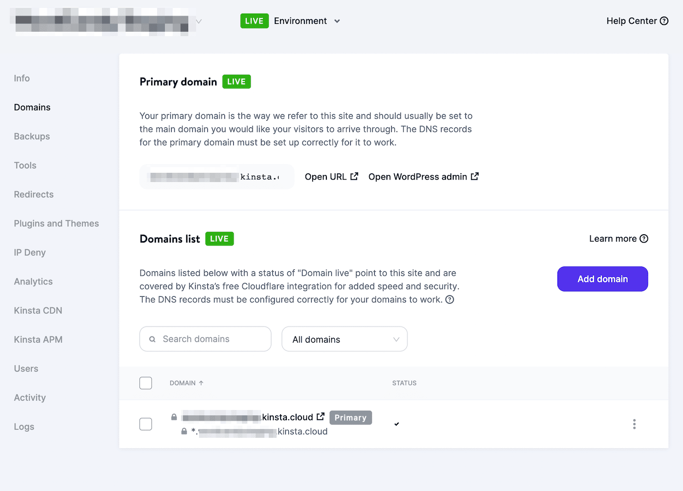 Kinsta’s domänlista