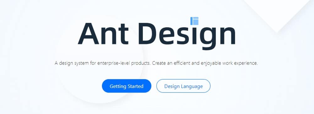 Illustrazione di una pagina con la dicitura Ant Design in alto e una breve descrizione con due pulsanti: Getting Started e Design Language