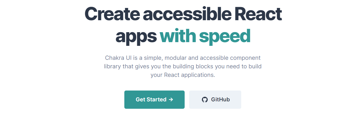 Pagina con il motto "Create accessible React app with speed" in alto e una breve descrizione in basso con due pulsanti