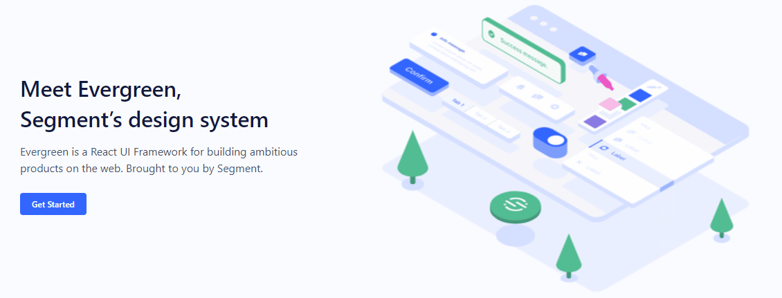 A sinistra la presentazione di Evergreen "Meet Evergreen, Segment’s design system" e a destra un’illustrazione che mostra alcuni componenti di una pagina in una vista 3D.