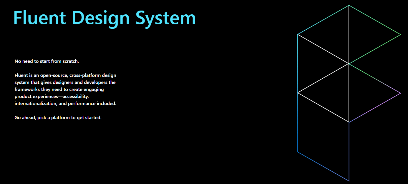 Een pagina met de vermelding 'Fluent Design System' linksboven met schuine en verticale lijnen aan de rechterkant