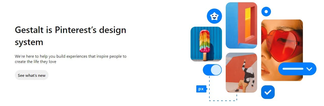 Banner di Gestalt con diversi blocchi di immagini colorate e il claim "Gestalt is Pinterest’s design system"