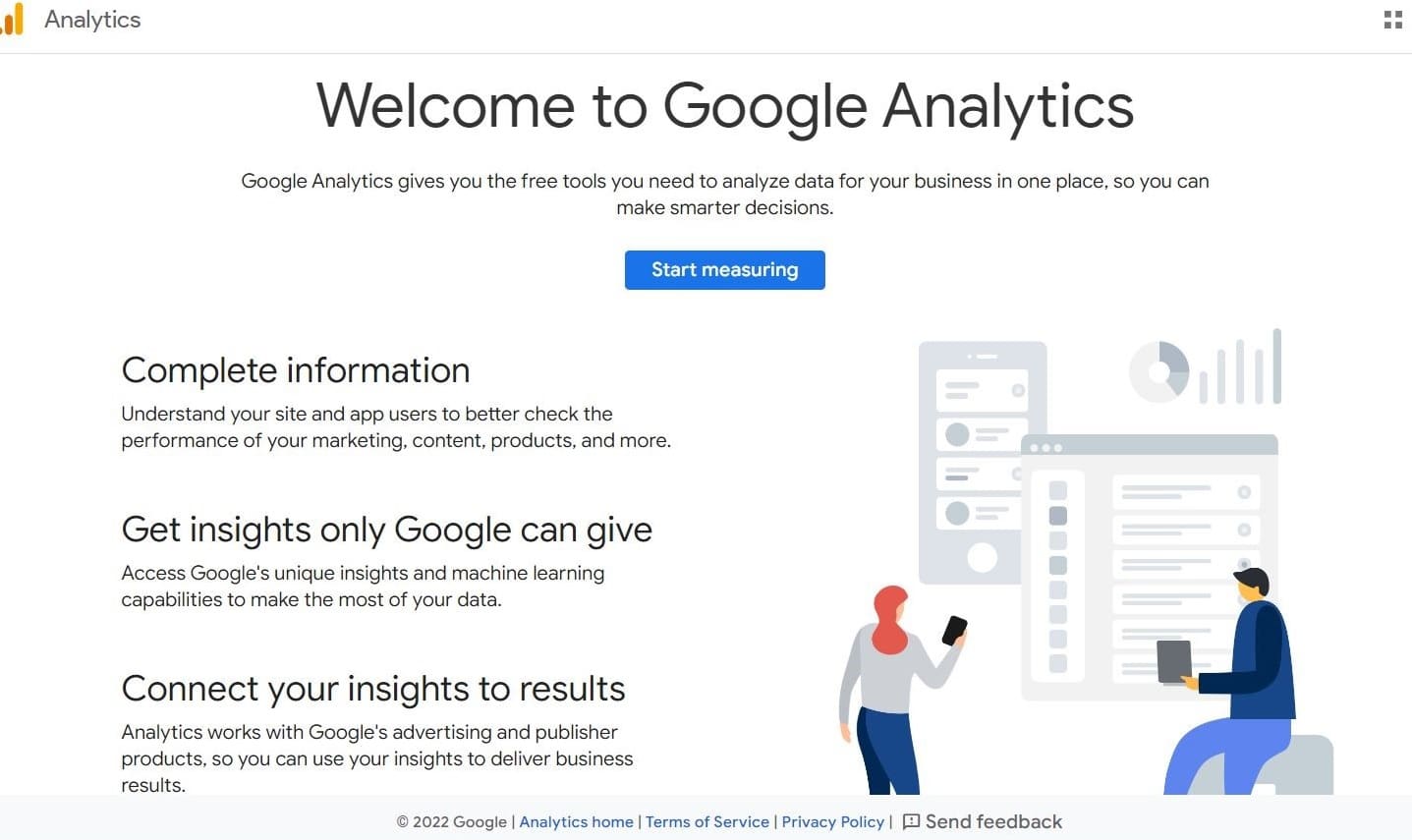 De startpagina van Google Analytics met de categorieën"Complete information," "Get insights only Google can give," en"Connect your insights to results".