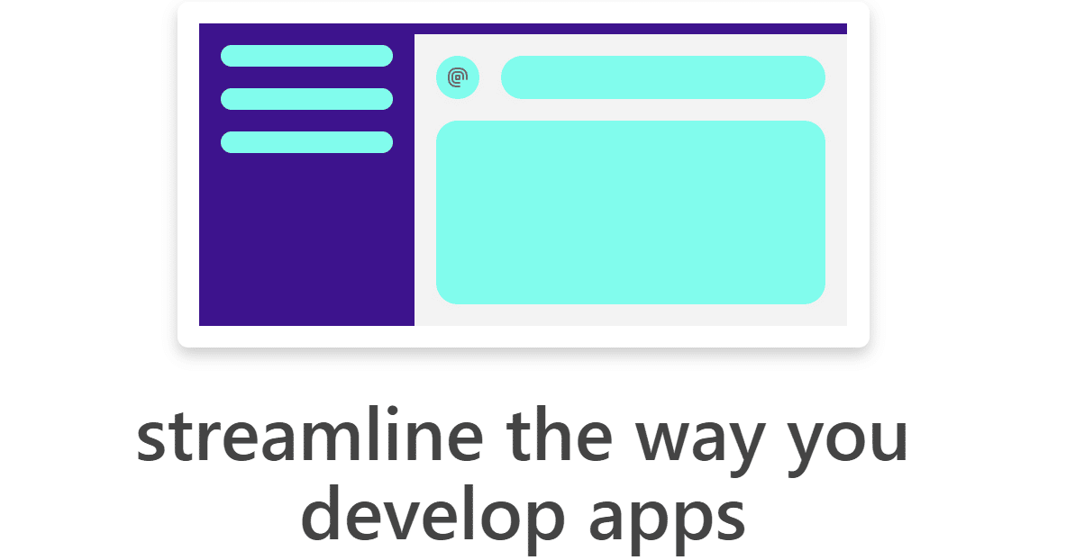 Viser en side, der nævner "strømline måden, du udvikler apps på" nederst og en side over sætningen, der viser dashboardstruktur