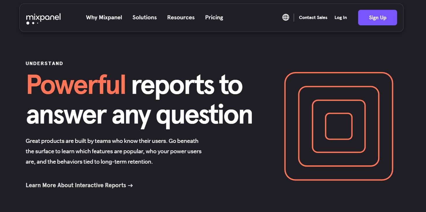 L’homepage di Mixpanel con la tagline "Powerful reports to answer any question".