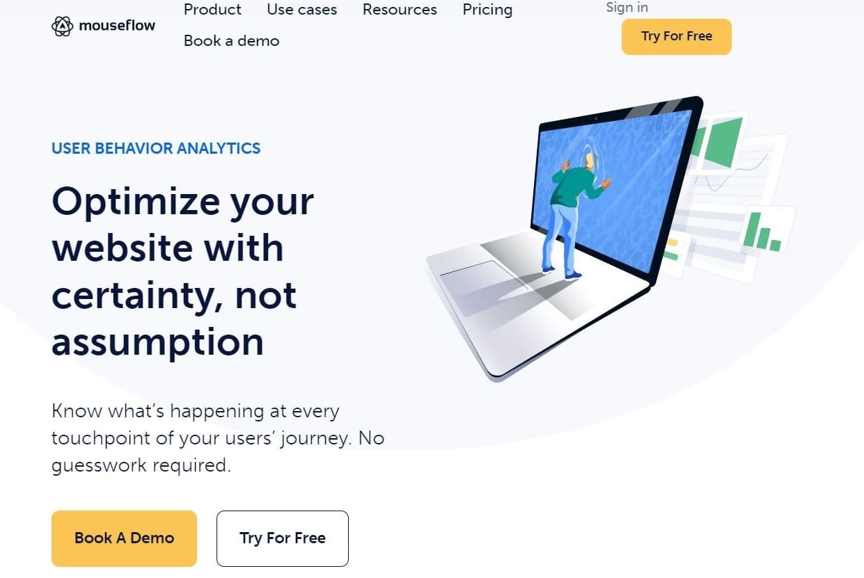 L’homepage di Mouseflow con la tagline "Optimize your website with certainty, not assumption".