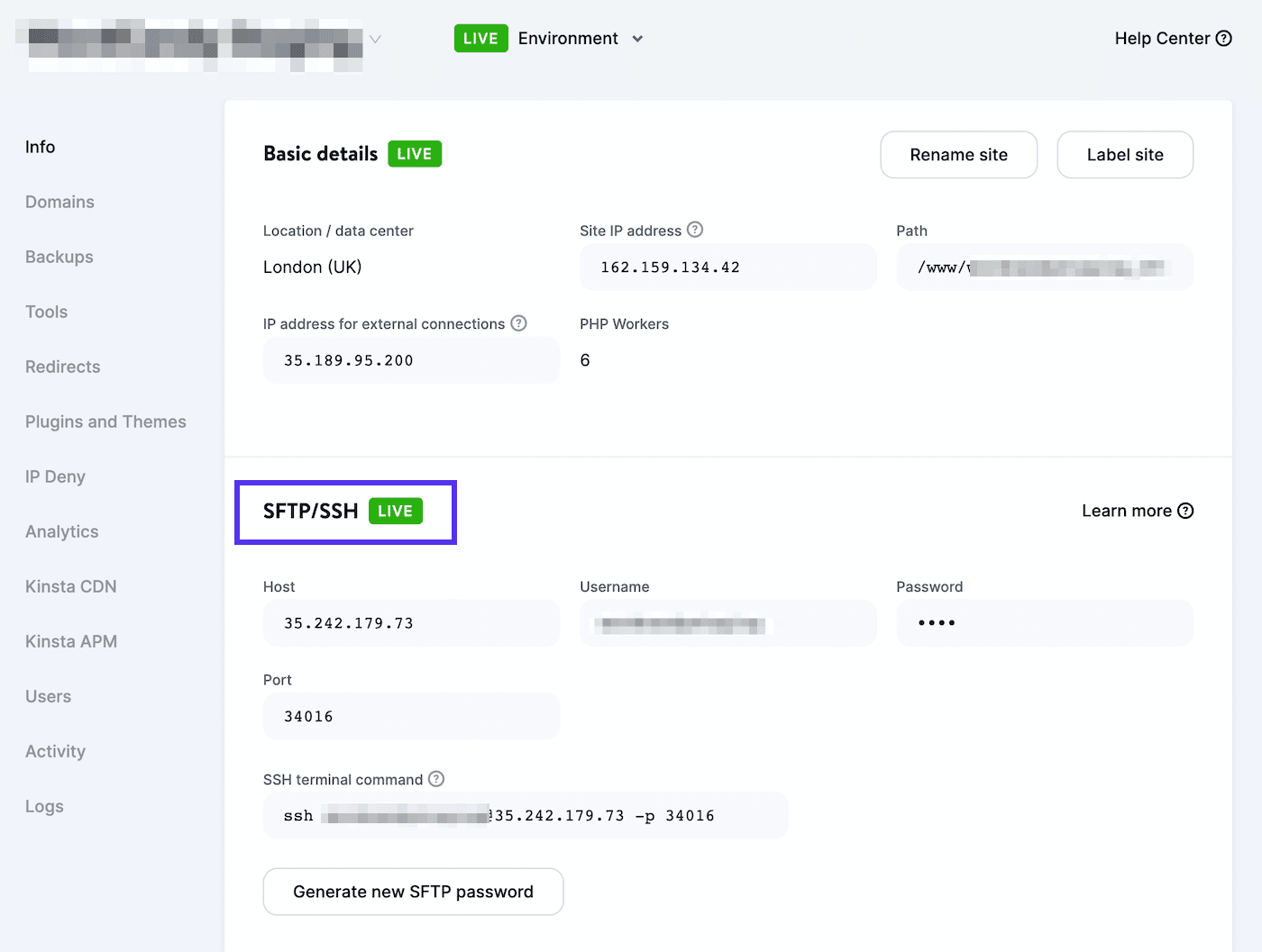 A look inside MyKinsta to see SFTP login credentials