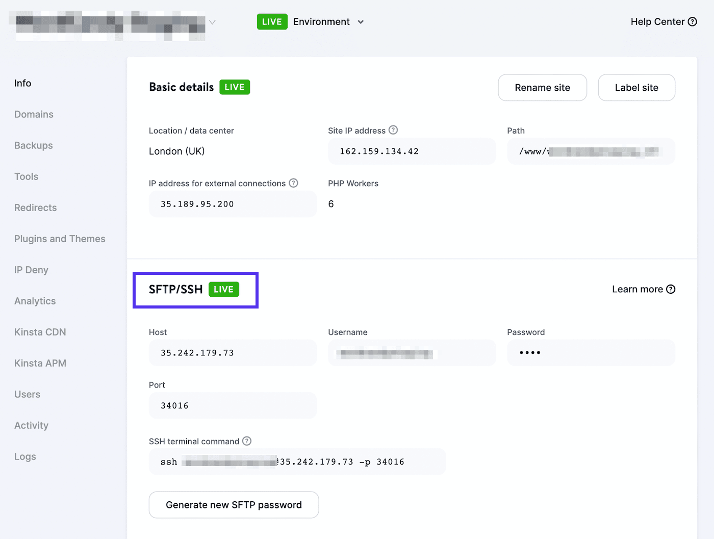 Et kig inde i MyKinsta for at se SFTP-loginoplysninger