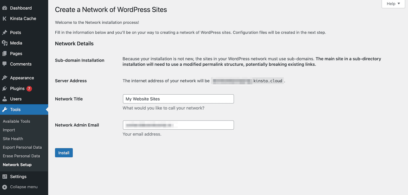 Einrichtung des Multisite-Netzwerks im WordPress-Dashboard