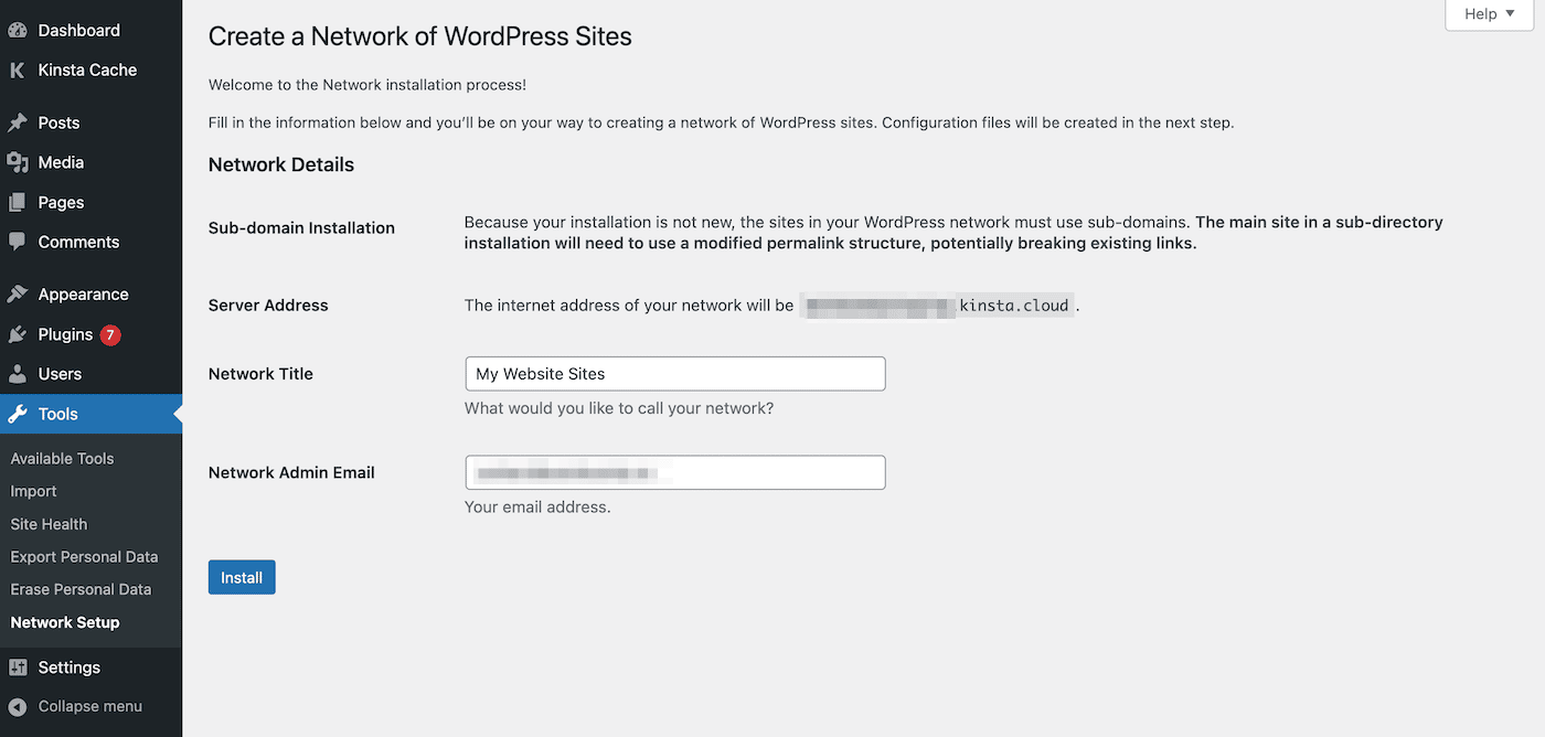 Configuration du réseau multisite dans le tableau de bord de WordPress