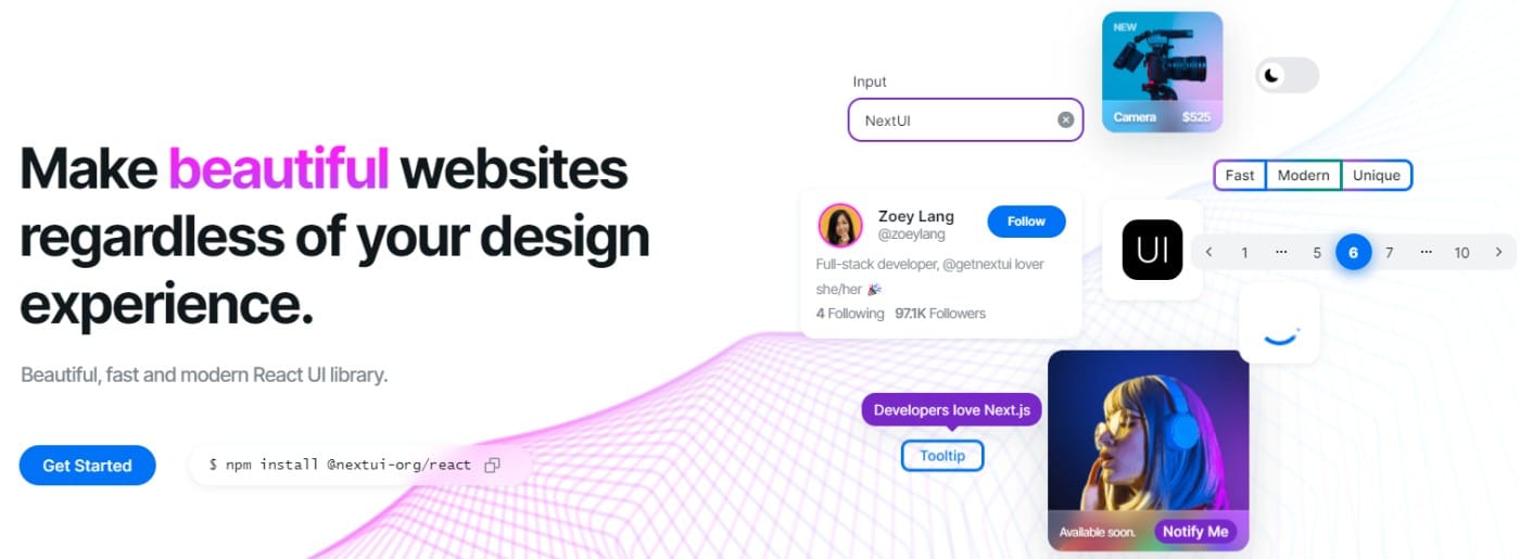 Banner di NextUI dal titolo "Make beautiful websites regardless of your design experience" e sulla destra le immagini di componenti e pulsanti costruiti con NextUI