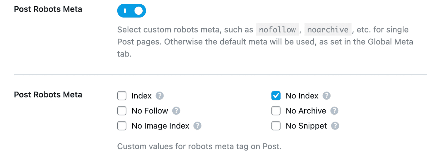 Habilitar noindex para artigos