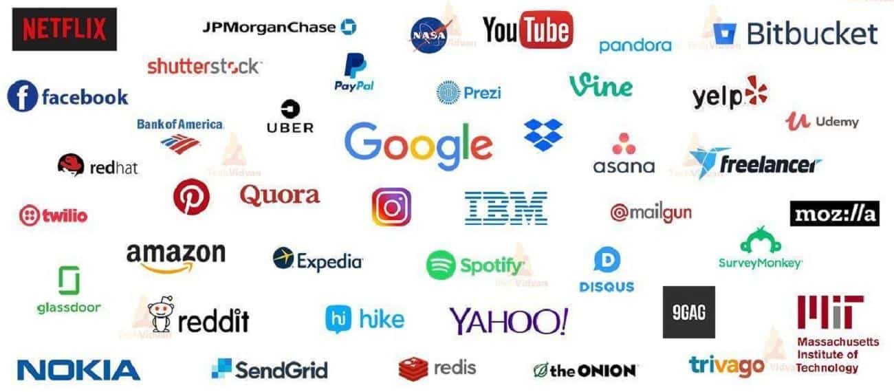 Loghi di molte aziende popolari che utilizzano Python, come Netflix, YouTube, Bitbucket, PayPal, Instagram, Google.