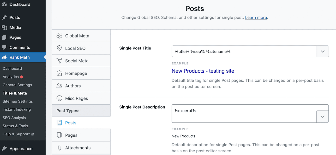 Abrir la configuración de posts de Rank Math