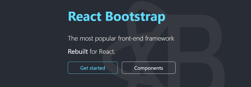 Anzeige einer Seite mit dem Hinweis "React Bootstrap" oben und einer kurzen Beschreibung darunter mit zwei Schaltflächen