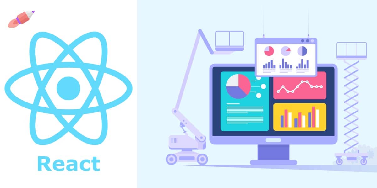 Due immagini stilizzate: a sinistra il logo React, a destra i diversi componenti sullo schermo del desktop