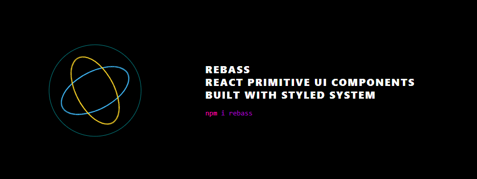 Viser en side, der nævner Rebass til højre og et billede, der viser et React-logo inde i en cirkel til venstre