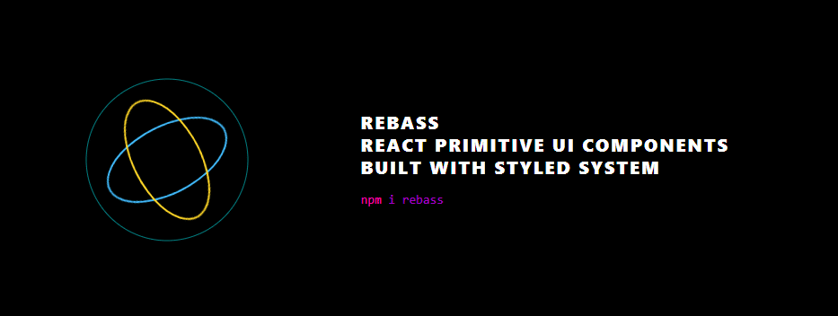 Rechts eine Seite, auf der Rebass erwähnt wird, und links ein Bild, das ein React-Logo in einem Kreis zeigt