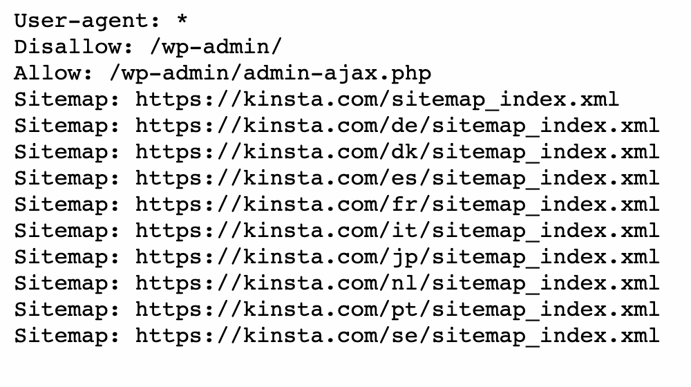 Il file robots.txt visivo di Kinsta con la lista dei file xml che compongono la sitemap
