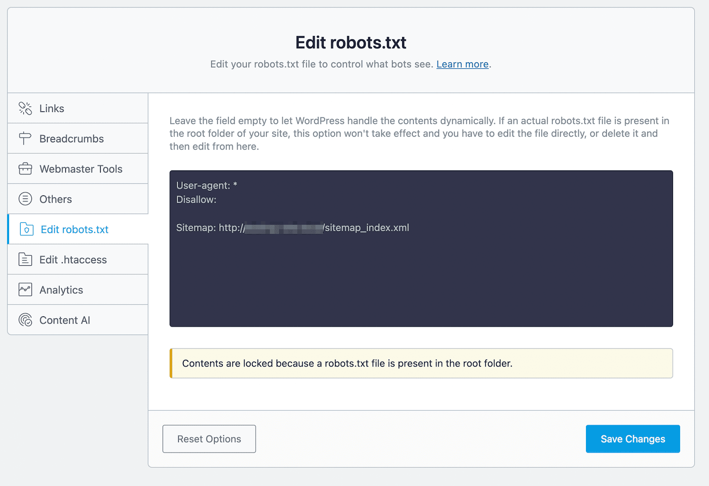 Schermata dell’editor del file robots.txt di Rank Math