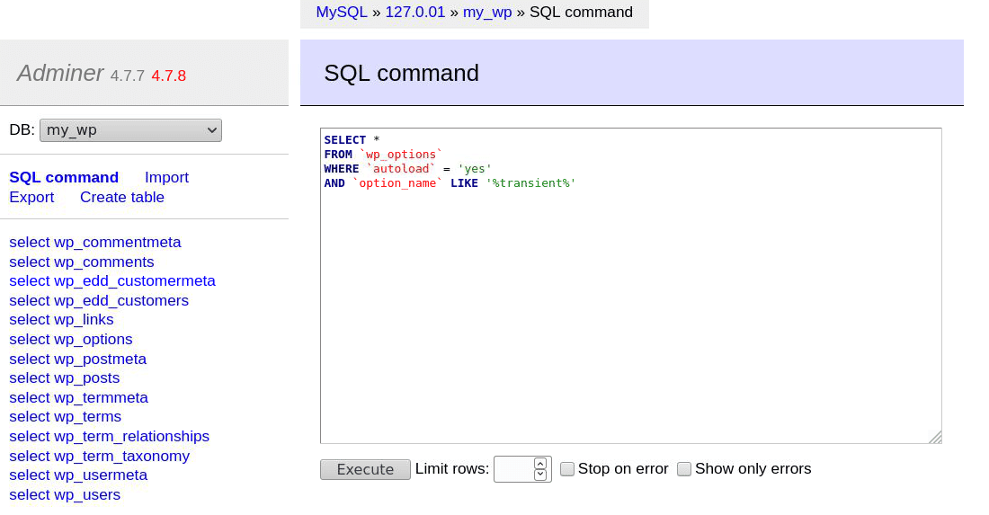 O comando SQL View dentro do Adminer.