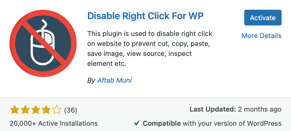 Disable right click for WP plugin