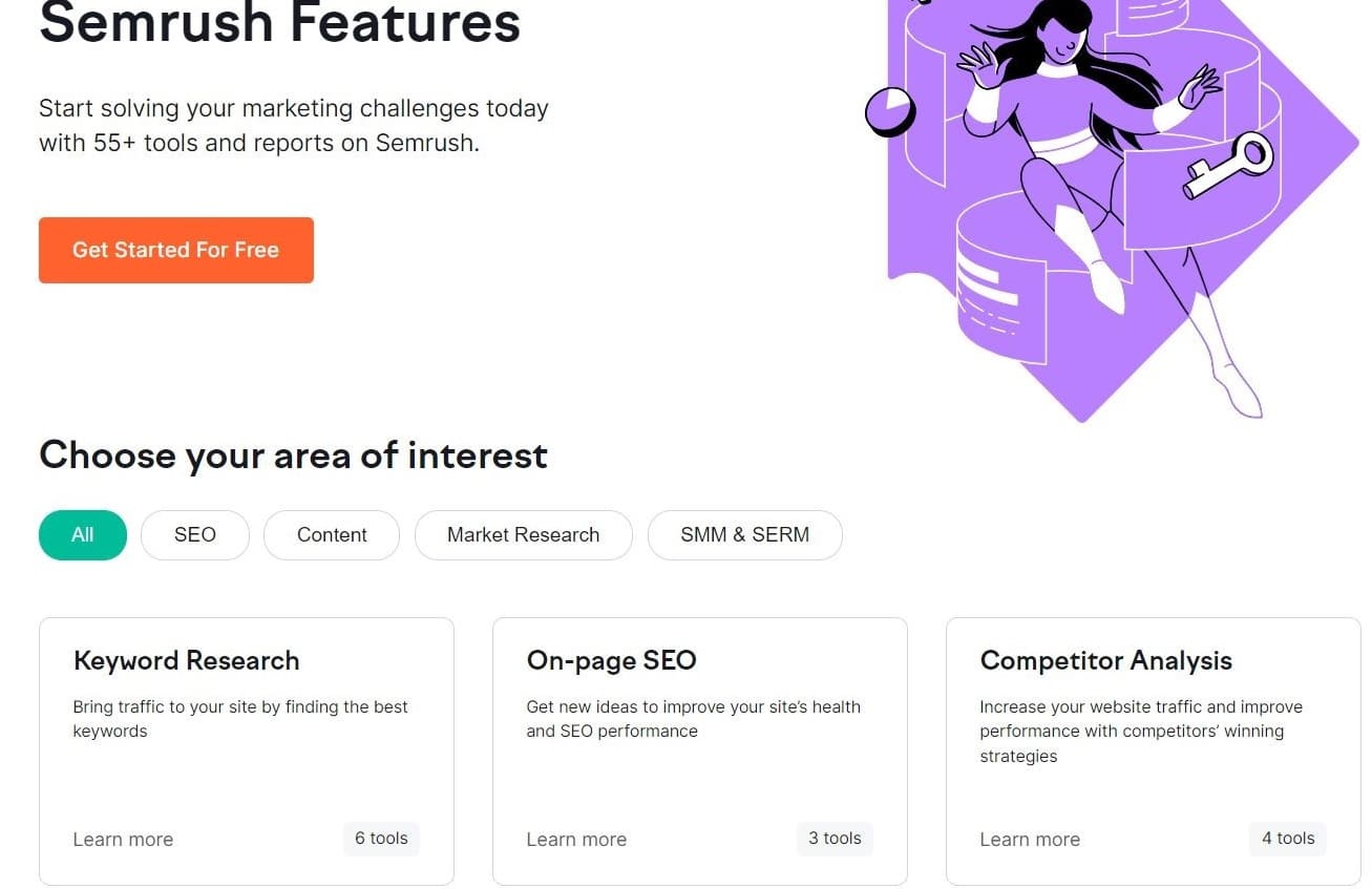 Semrushs Features-Seite mit einem orangefarbenen "Get Started For Free"-Button und einem Bild einer Frau in Lila mit einem silbernen Schlüssel.