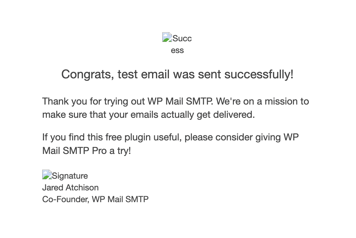 Successful test email message in WP Mail SMTP plugin