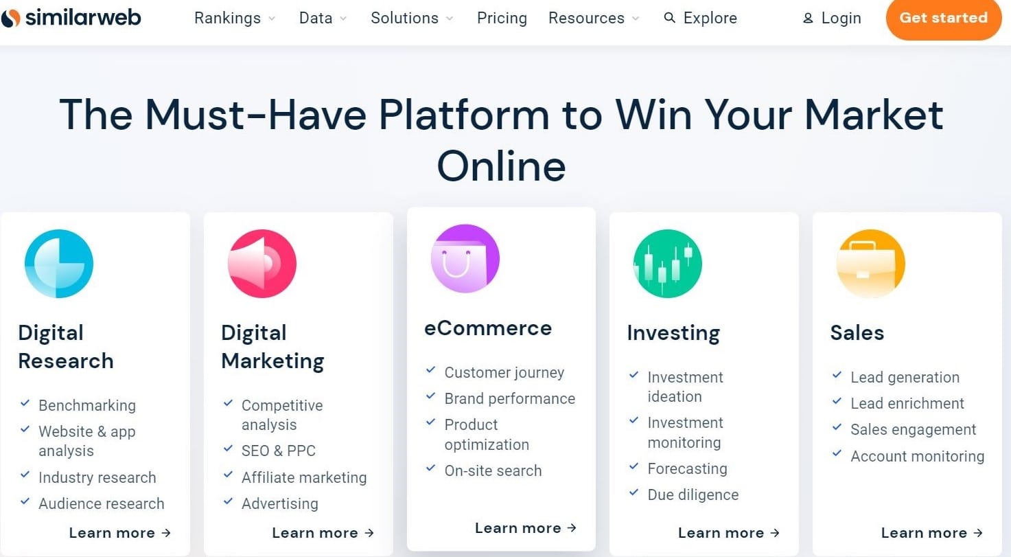 De startpagina van Similarweb met de kop "The Must-Have Platform to Win Your Market Online".