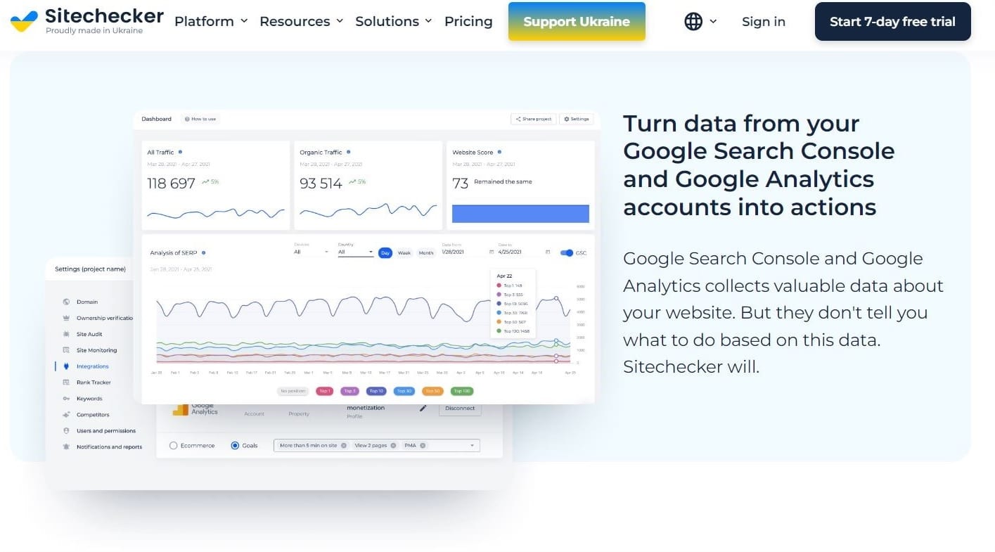 De Sitechecker startpagina met de slogan "Turn data from your Google Search Console and Google Analytics accounts into actions".