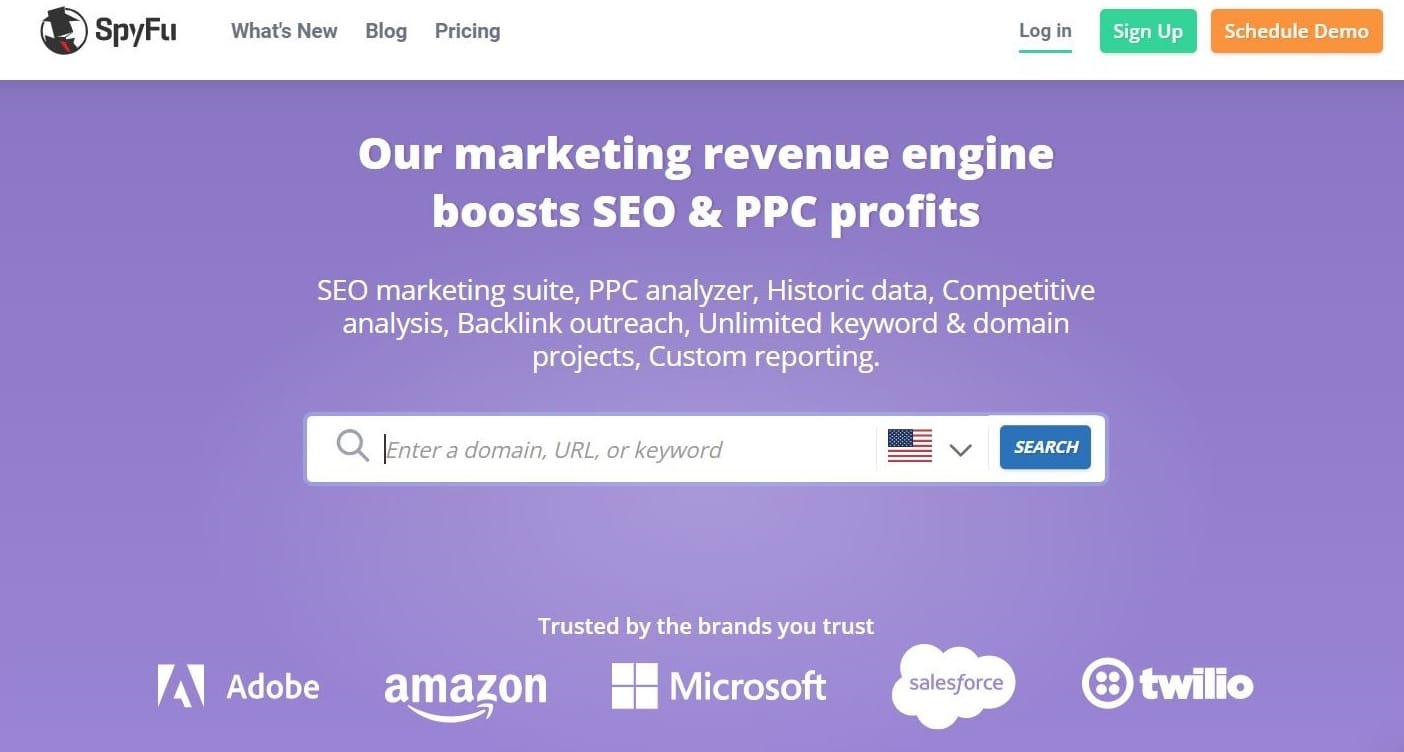 SpyFu-hjemmesiden med tagline "Our marketing revenue engine boosts SEO & PPC profits".