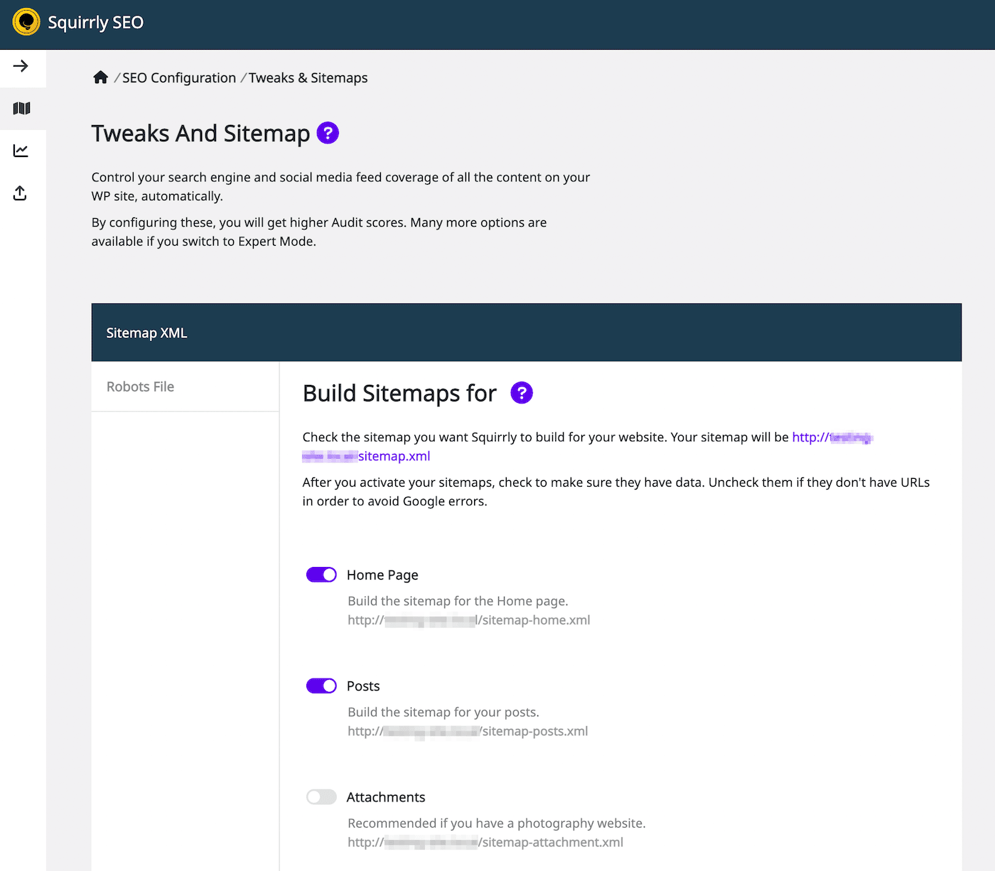 SEO sitemap settings in the Squirrly plugin