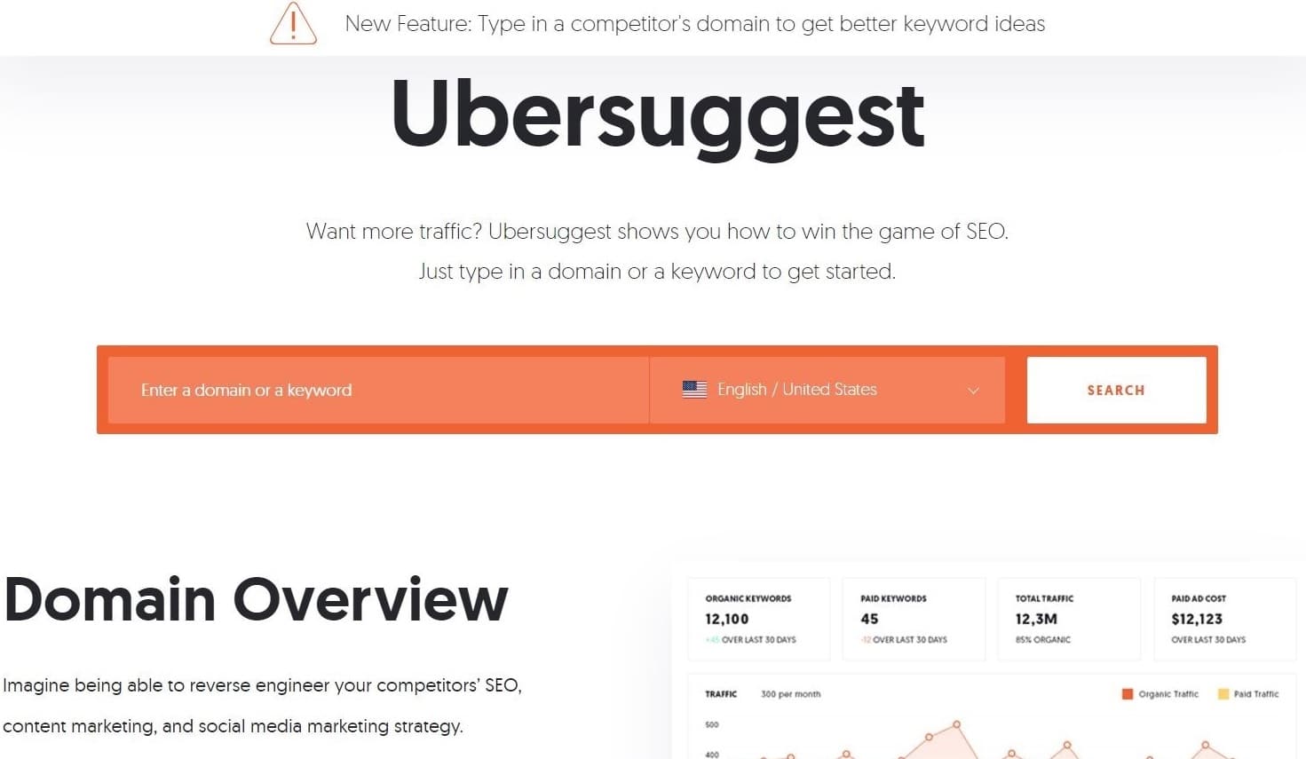 The Ubersuggest homepage featuring a large orange domain search bar.