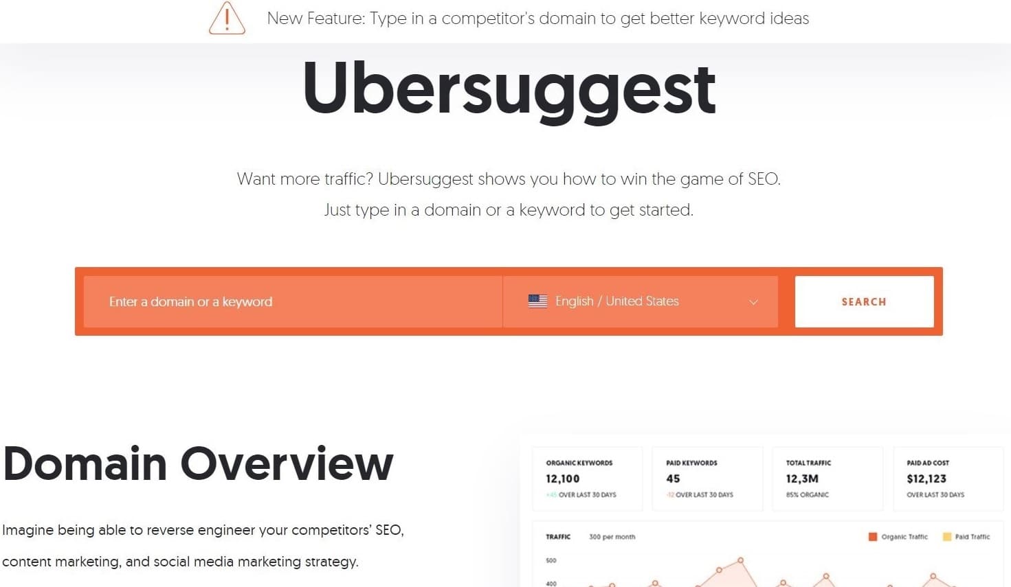 La página de inicio de Ubersuggest