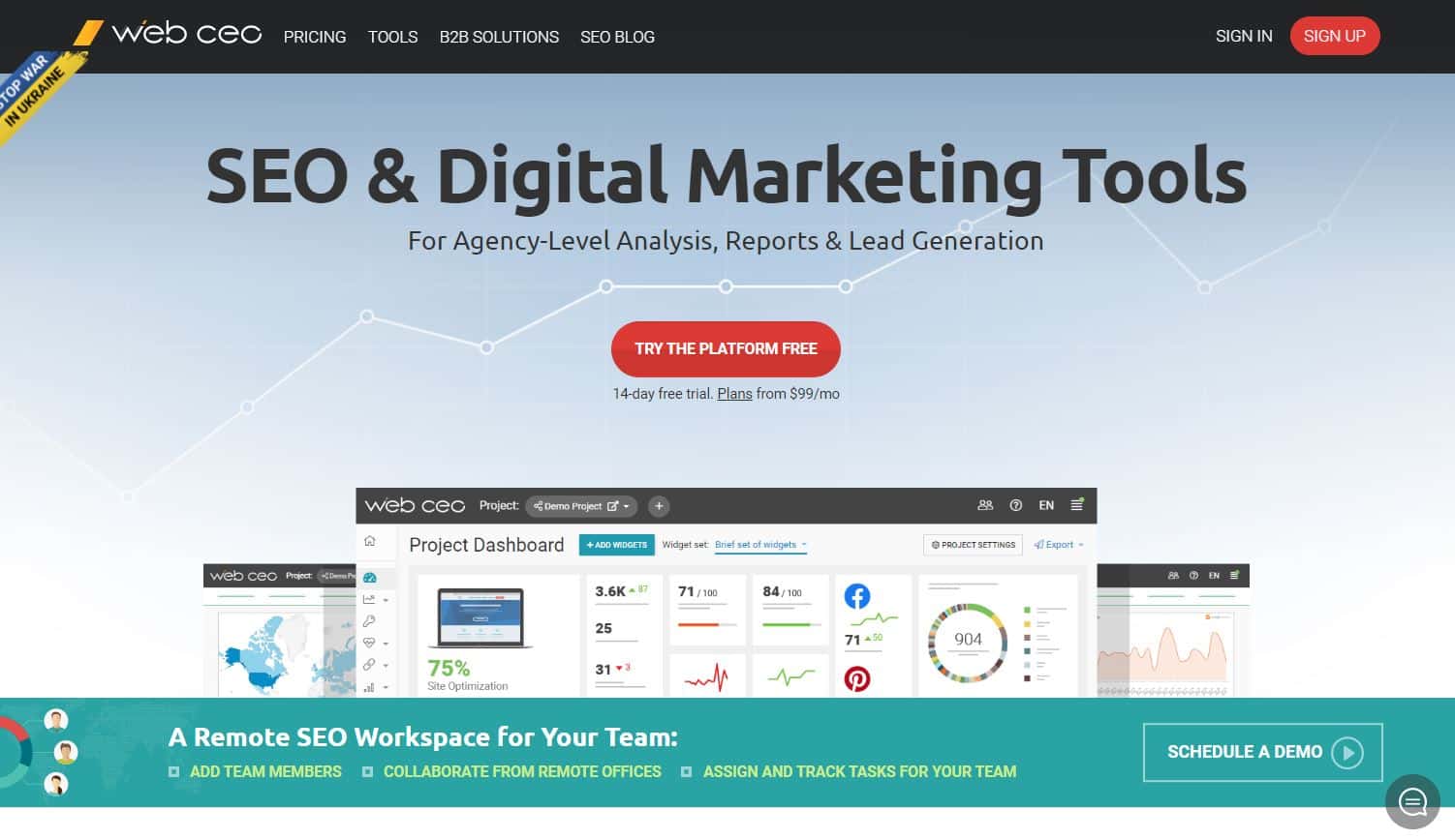 Homepage di WebCEO con il motto "SEO & Digital Marketing Tools".