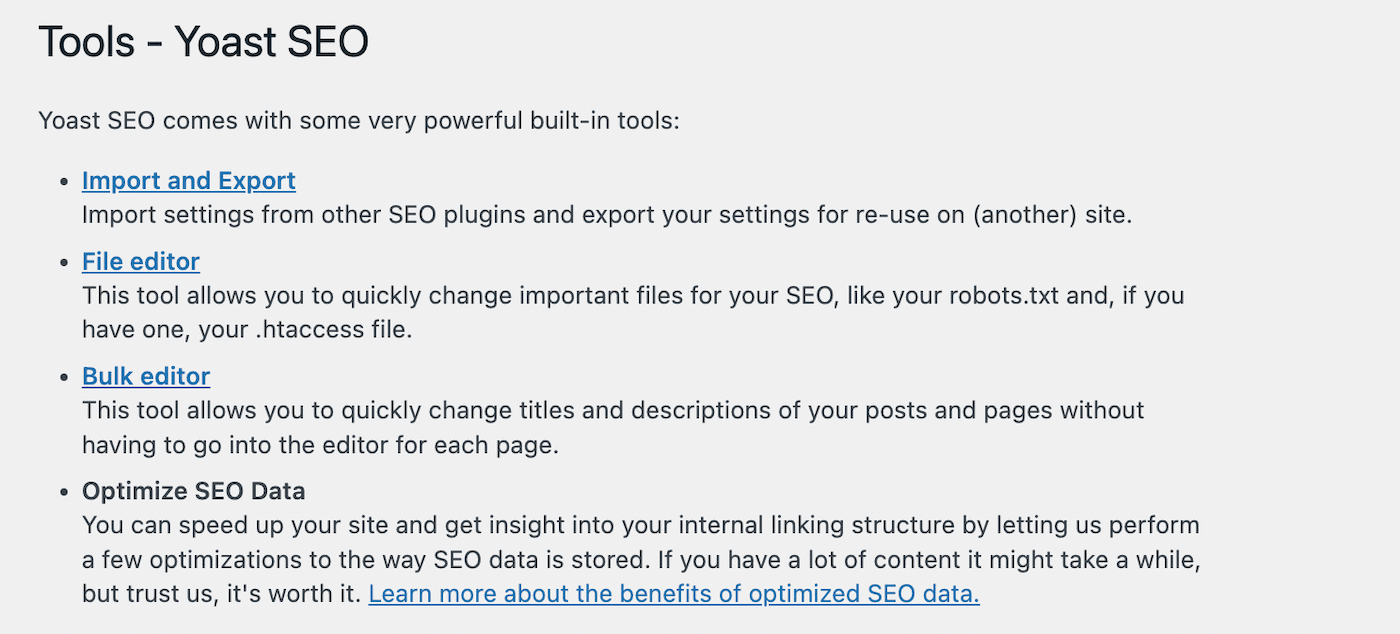 La scheda Strumenti di Yoast SEO da cui potete selezionare l’opzione file editor