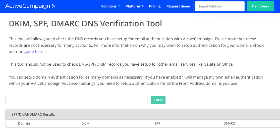 Página de inicio de la herramienta de verificación DMARC DNS de ActiveCampaign