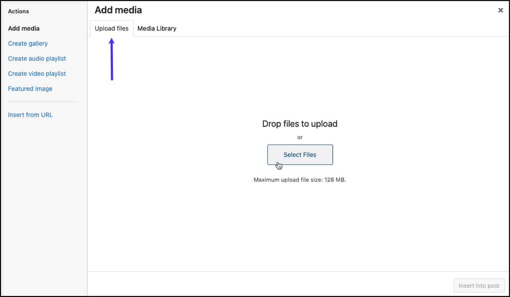 Screenshot: Selecting the Upload Files tab in the Classic Editor's Add Media dialog.