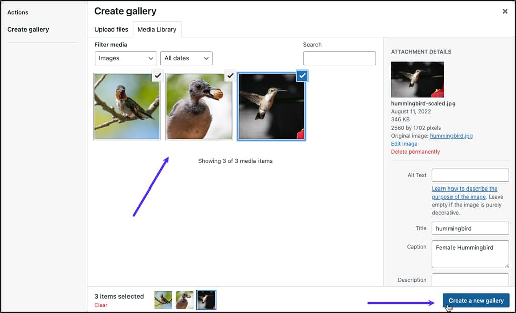 Screenshot: Choosing images for a gallery in the WordPress block editor.