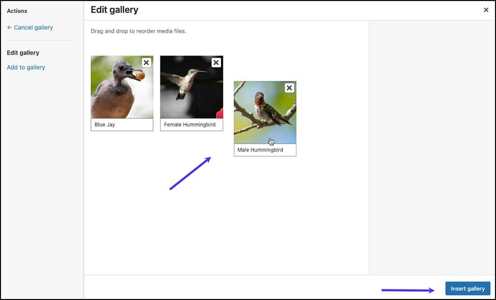 Screenshot: Selecting the order of gallery images in the WordPress block editor. 