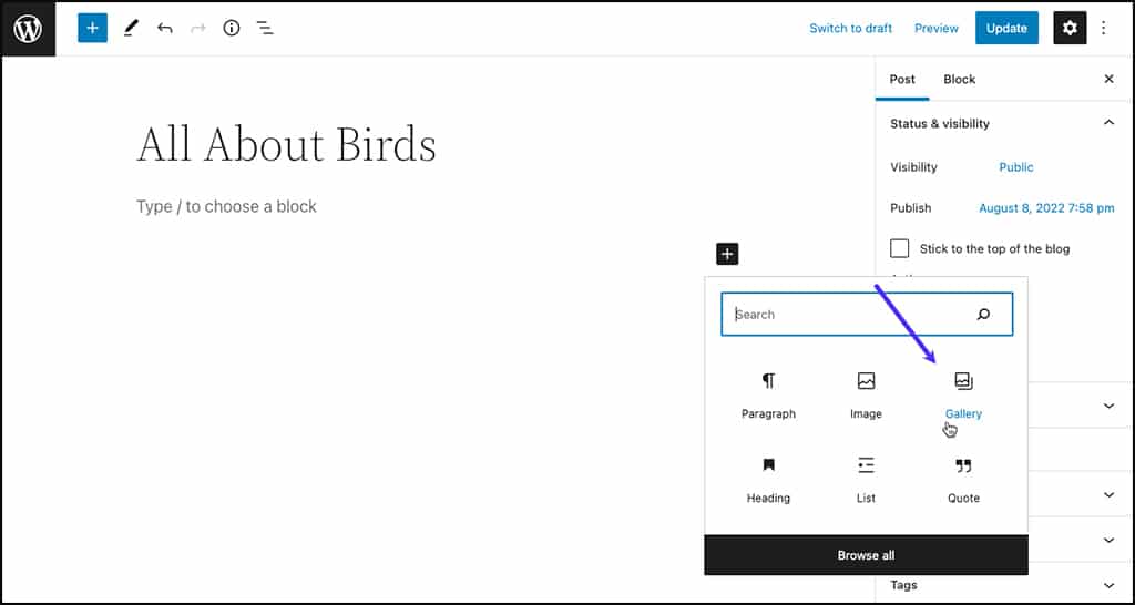 Screenshot: Selecting the Gallery option in the WordPress block editor.