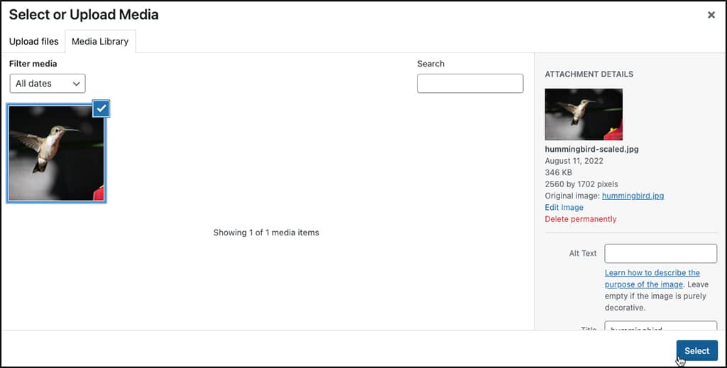 Screenshot: Selecting an image in the Media Library through the WordPress block editor.