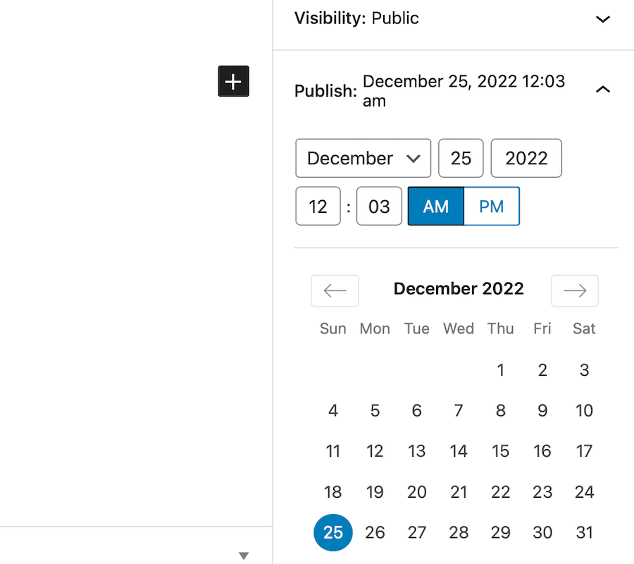 Configurando a data e a hora para agendar a publicação de um artigo no blog usando o Editor de Bloco.