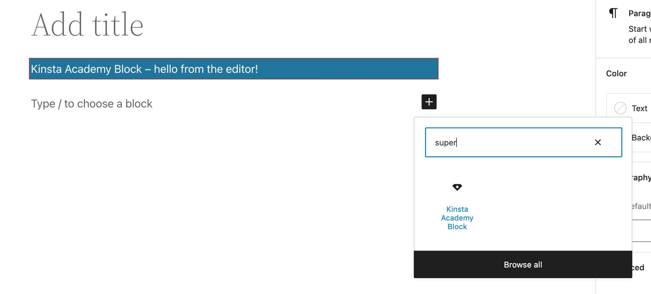 Searching for a block using a keyword in the quick inserter.