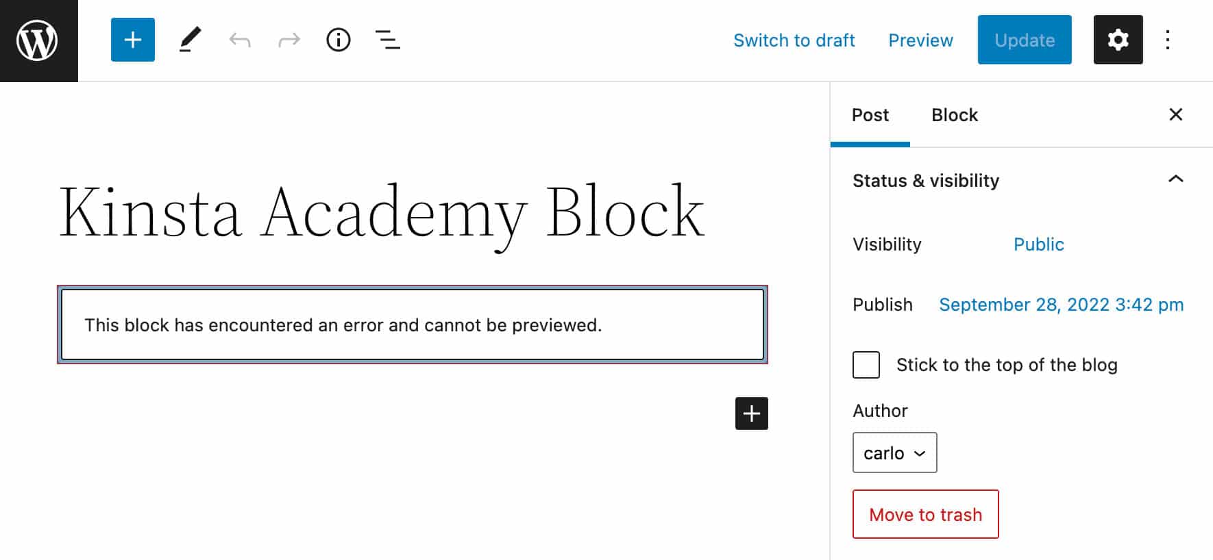 El bloque muestra un mensaje de error
